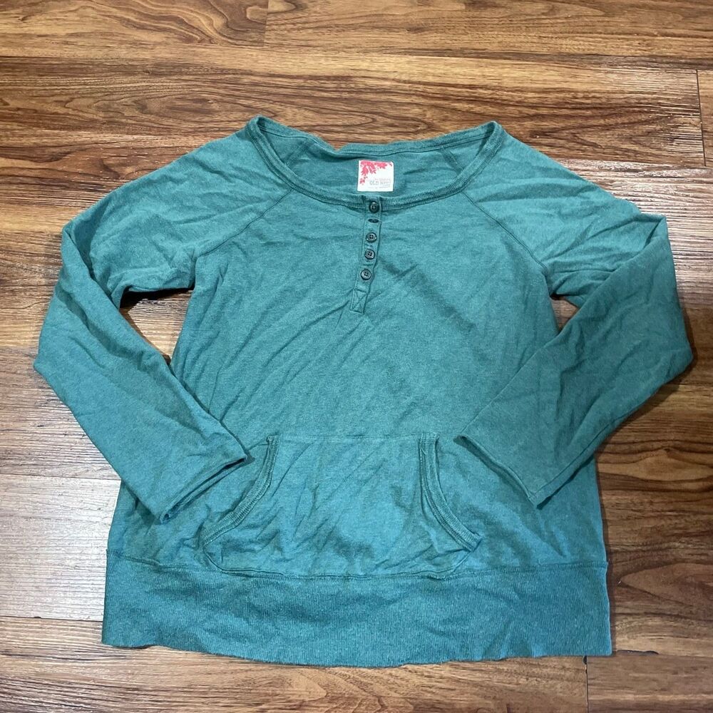 Old Navy Maternity Crew Neck Henley Sweatshirt Green Cotton Button Women's Large